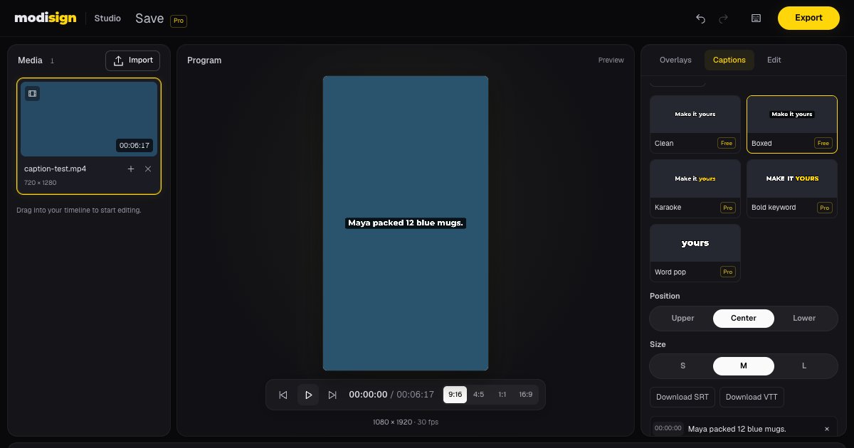 Modisign Studio showing the corrected caption Maya packed 12 blue mugs, with Boxed selected, Center position, medium size and free SRT and VTT download controls