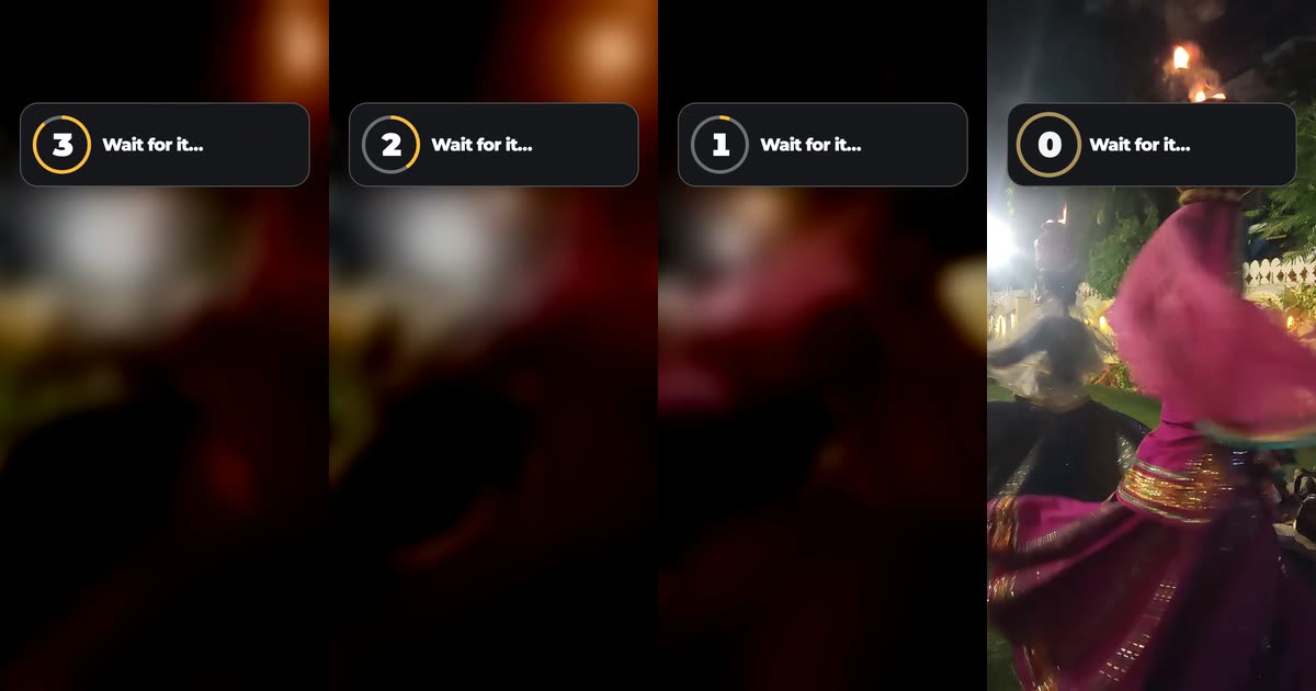 Four frames from the downloaded video: a dark blurred picture under a ring countdown card reading 3, 2 and 1 with 'Wait for it…', then the card at 0 over the sharp picture of a dancer in pink with a burning pot on her head