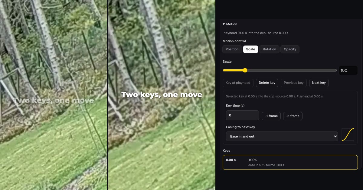 Two frames from an exported 9:16 video: at 0.3 seconds a faint title over a garden scene, at 5.9 seconds a closer view with the title settled, beside Studio's Scale motion panel with an Ease in and out key