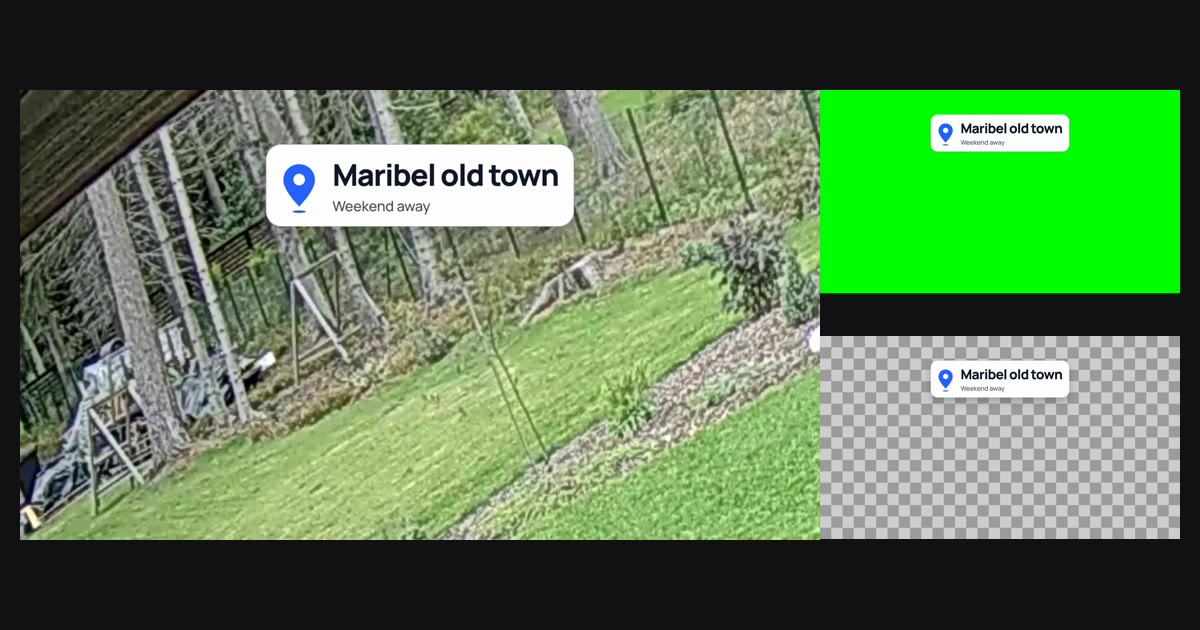 A white location tag reading Maribel old town, Weekend away over landscape forest footage, beside the same tag on a green-screen frame and on a transparent frame shown over a grey checkerboard