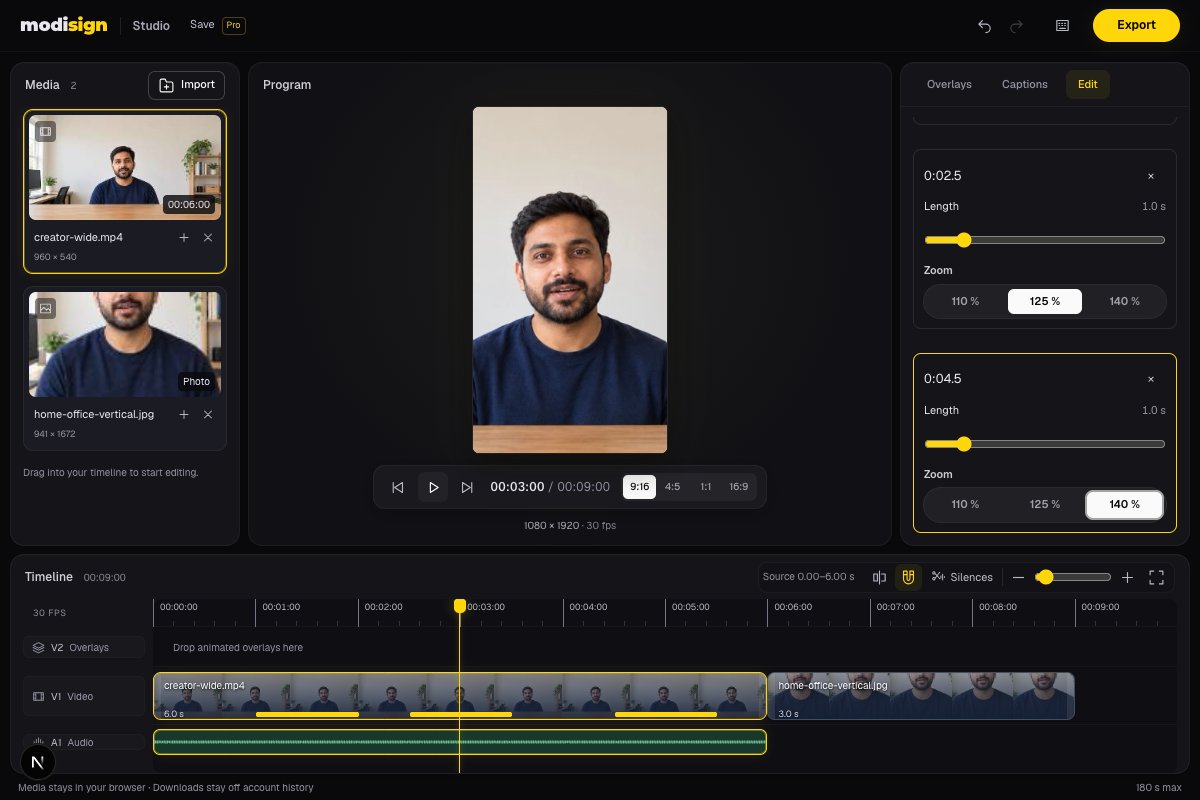 Studio showing a closer portrait crop of a local creator sample clip, one-second punch-in controls and accent bars marking the temporary zooms on V1