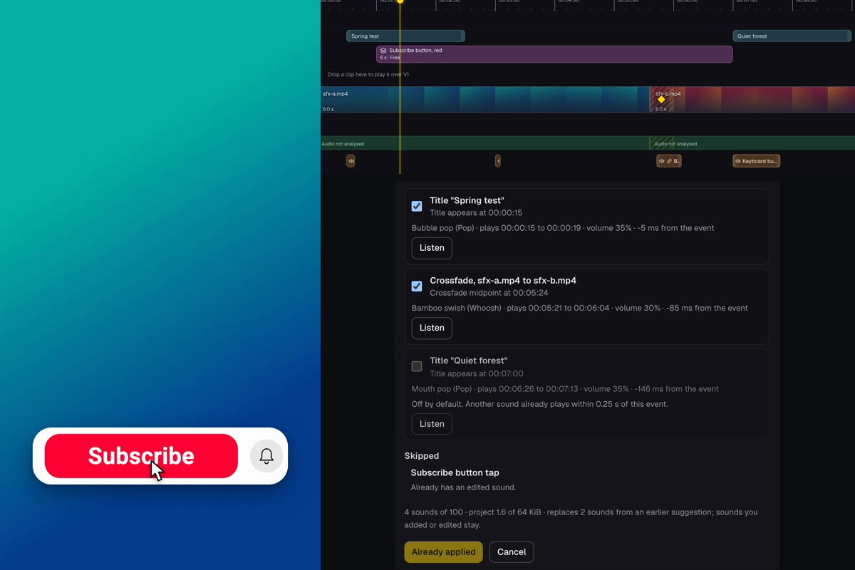 Left, an exported 9:16 frame at three seconds with the red Subscribe button and the cursor landing on it. Right, the Studio timeline with an SFX lane of four sounds and the Suggest sounds review listing a title pop, a crossfade whoosh, a skipped row and the line replaces 2 sounds from an earlier suggestion