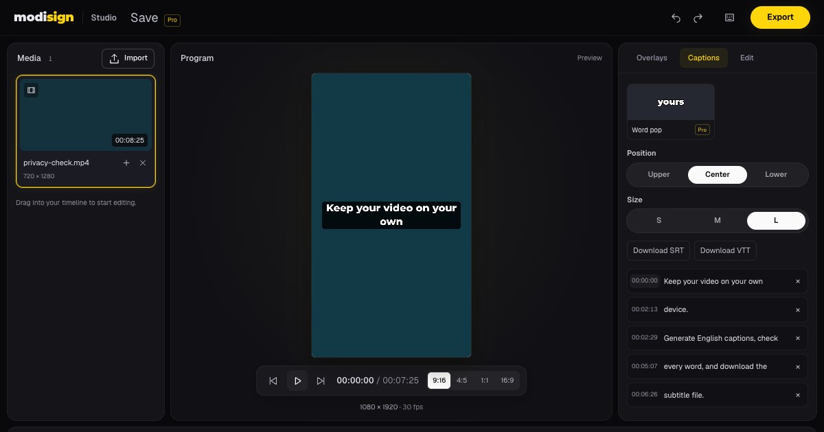 Modisign Studio showing Boxed captions over a local speech clip, Center position, large size, editable transcript lines and SRT and VTT download buttons