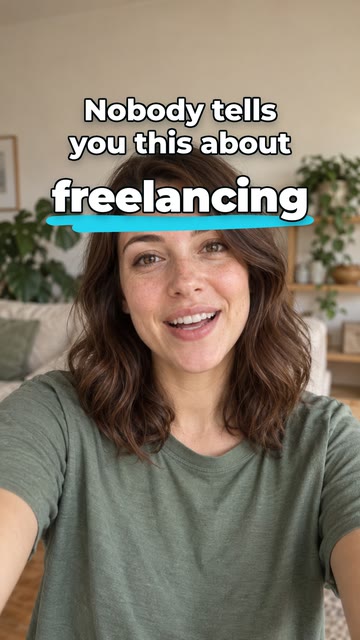Nobody tells you this about freelancing in white with a cyan underline above a sample living-room creator