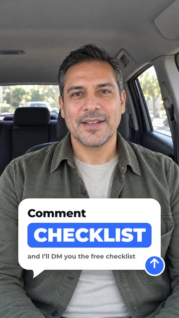 Blue CHECKLIST keyword and a DM promise inside a white comment bubble over a sample car creator