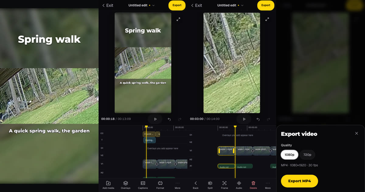 Exported 9:16 frame with the title 'Spring walk' and the caption 'A quick spring walk, the garden' over a garden clip, beside three phone-sized Studio screens: the editor with its touch timeline, a selected clip with Split and Frame, and the Export sheet with 1080p and 720p
