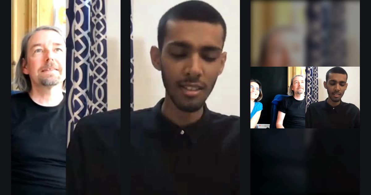 Three exported 9:16 frames of the same wide video-call clip: Fill centred on the seam between two tiles, Fill dragged onto the speaker on the right, and Fit showing all three people in a band over a blurred backdrop