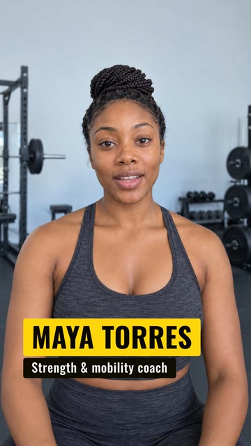 Maya Torres on a yellow name plate and Strength & mobility coach on a dark role plate over a sample gym creator