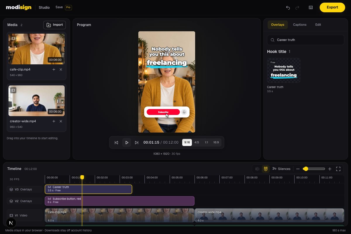 Studio with two local creator sample clips, free Career truth and Subscribe button overlays, and the current Hook title library