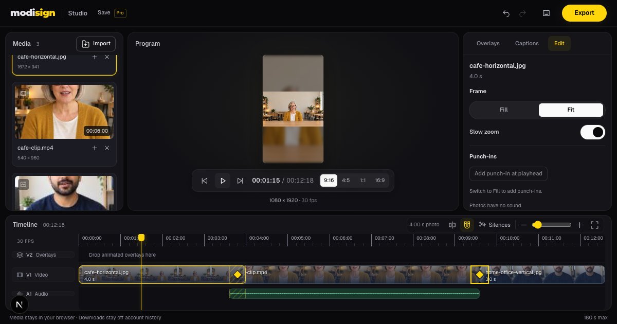 Studio with a four-second café photo in Fit mode, Slow zoom enabled, a local video and a final portrait photo, with two transitions on the timeline