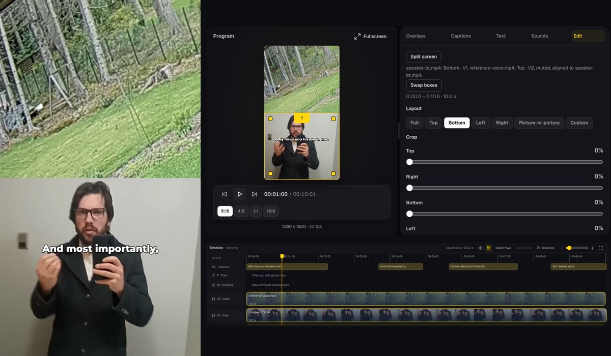 Exported 9:16 frame with a garden clip on top and a bearded speaker with the caption 'And most importantly,' below, next to Studio's Edit panel with Split screen and Swap boxes and a timeline with V2 above V1