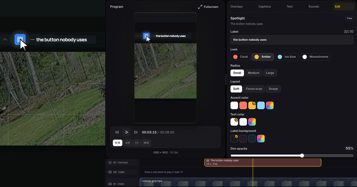 Exported 9:16 frame of a dimmed screen recording with a round spotlight on a blue grid button and the label 'the button nobody uses', next to Studio's Program monitor, the free Spotlight preset's Edit panel and its overlay lane