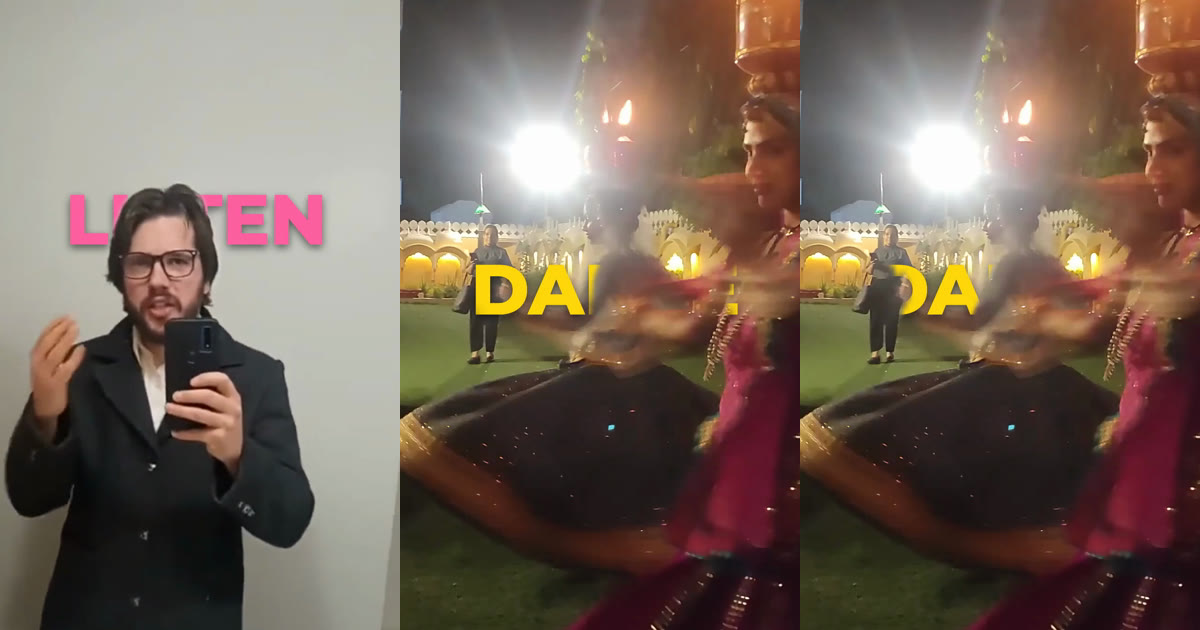 Three exported frames side by side: a pink title LISTEN partly hidden behind a man's head in a mirror selfie, then two frames of a night dance clip where a yellow letter D sits in front of a distant bystander at the default setting and behind her at a lower Threshold