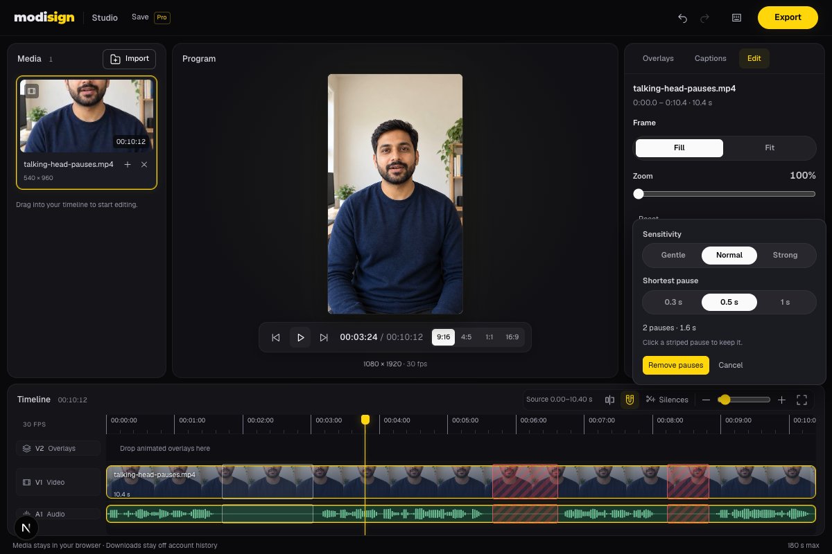 Studio’s Silences review with Normal sensitivity, a 0.5-second shortest pause and two selected pauses totaling 1.6 seconds, over a local speech sample