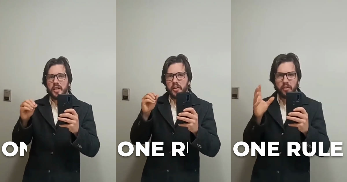 Three exported frames of the same shot: the white title ONE RULE half uncovered at 0.9 seconds, mostly uncovered at 1.2 seconds and fully shown at 2.0 seconds, wiped in from the left over a speaker's coat