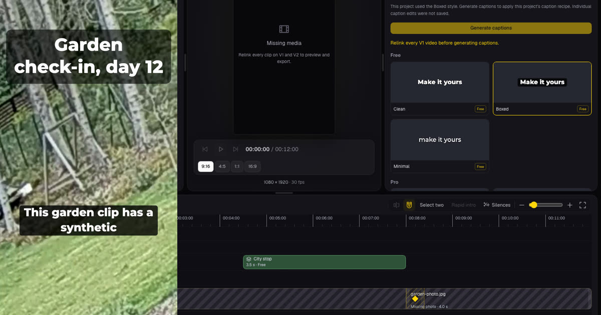 Left: exported 9:16 frame with the title 'Garden check-in, day 12' and a Boxed caption over a garden shot. Right: the reopened Studio project before relinking, with Missing media in Program, the saved Boxed caption notice and striped placeholder clips on the timeline