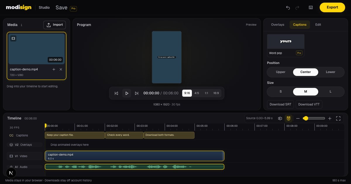 Modisign Studio with three corrected caption sentences on the timeline, Center position, medium size, and Download SRT and Download VTT buttons