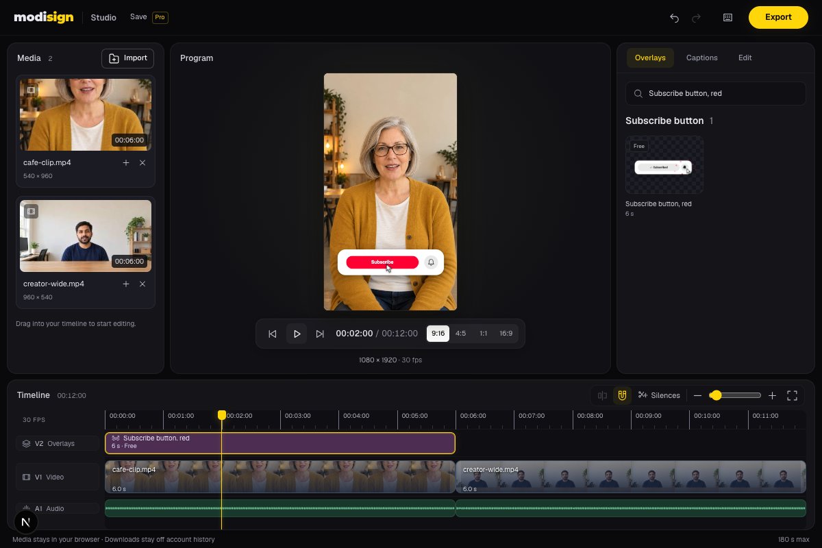Studio with two local creator sample clips, a free Subscribe button overlay, a 9:16 preview and the overlay library