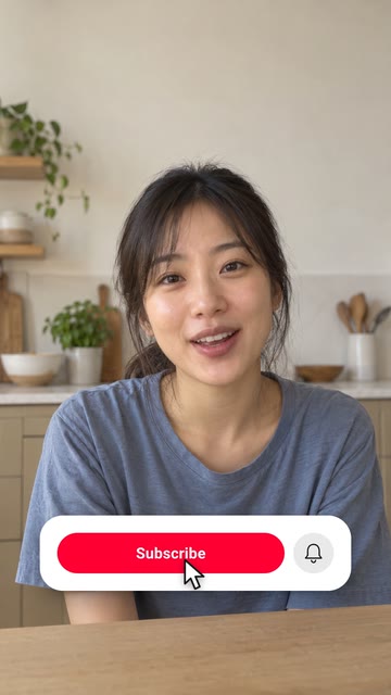 Red Subscribe button, bell and cursor on a white card over a sample kitchen creator